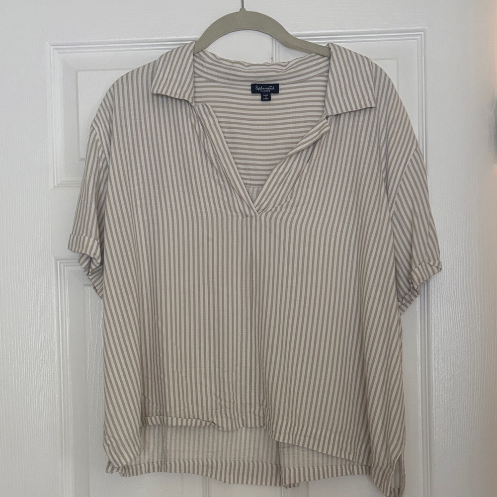 Splendid Beige Cream Striped Collared V-Neck Blouse Top XL